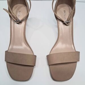 Solanz Women's Heels, 6M, Nude/Taupe Ankle Strap, Block Heel Sandal.